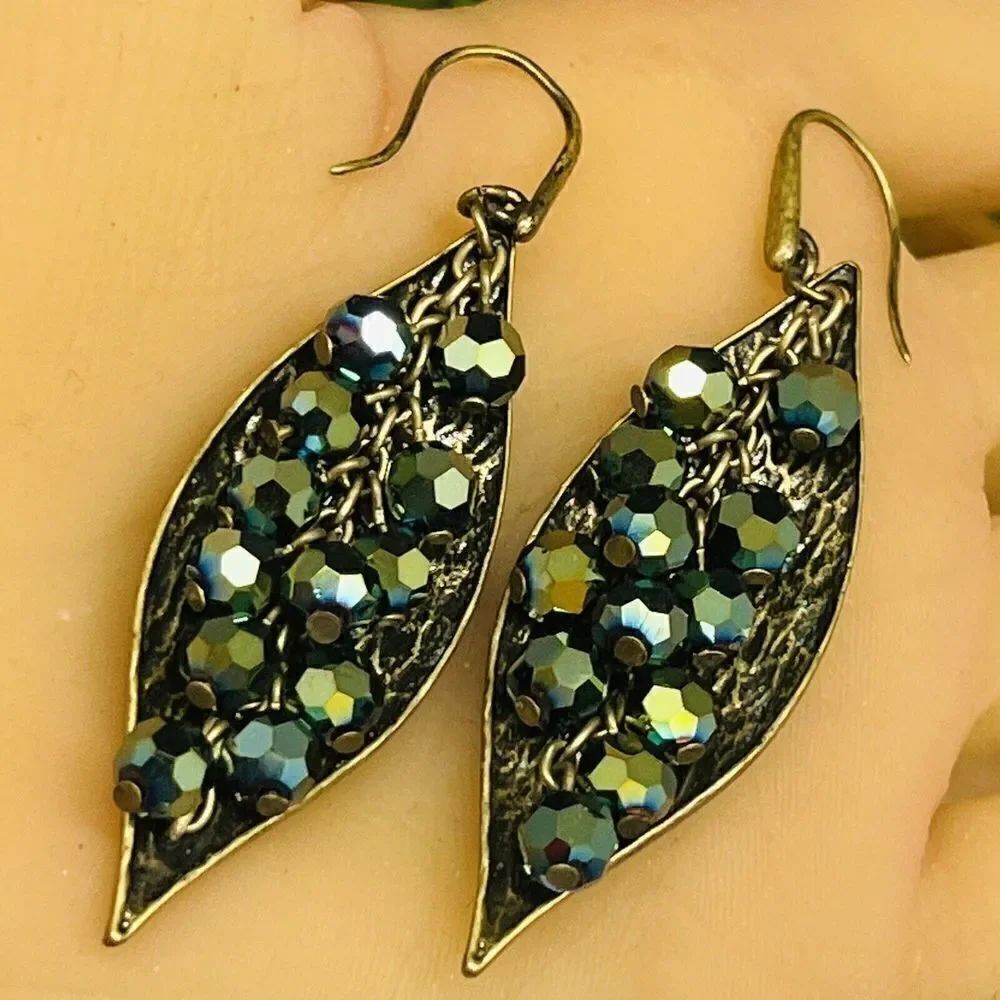Large Leaf Beaded Pod on Chain Earrings Dangle pierced Vintage Unique Fun 1186